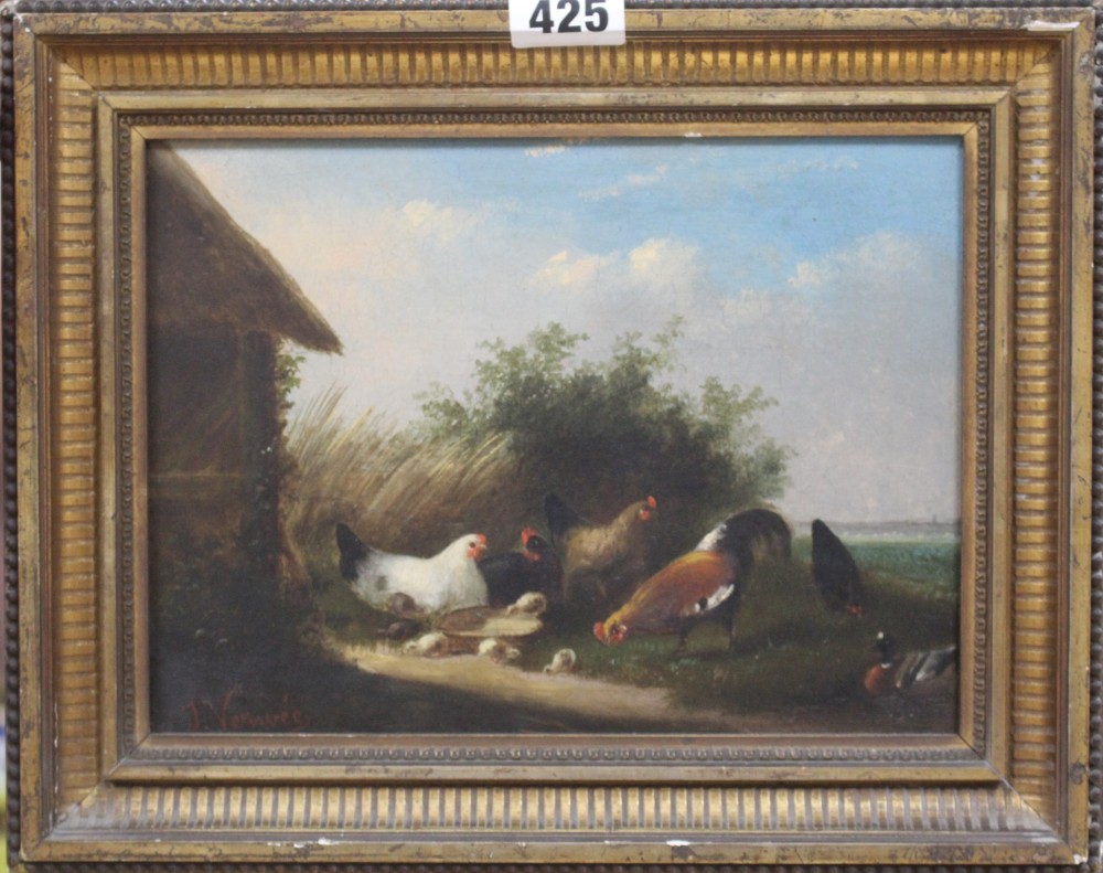 J. Vemruée, oil on panel, Chickens in a landscape, signed, 17 x 23cm